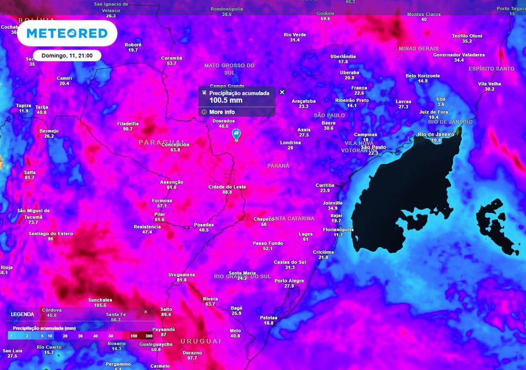 Previsão de acumulados totais de chuva até o final do domingo.