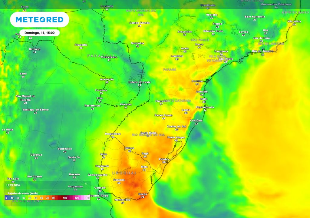 Previsão de rajadas de vento no domingo durante a tarde.