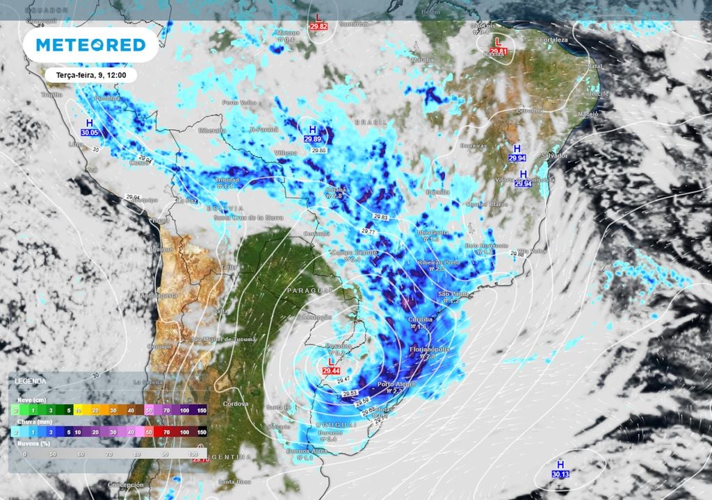 Previsão de pressão, nebulosidade e chuva na terça-feira ao meio-dia.