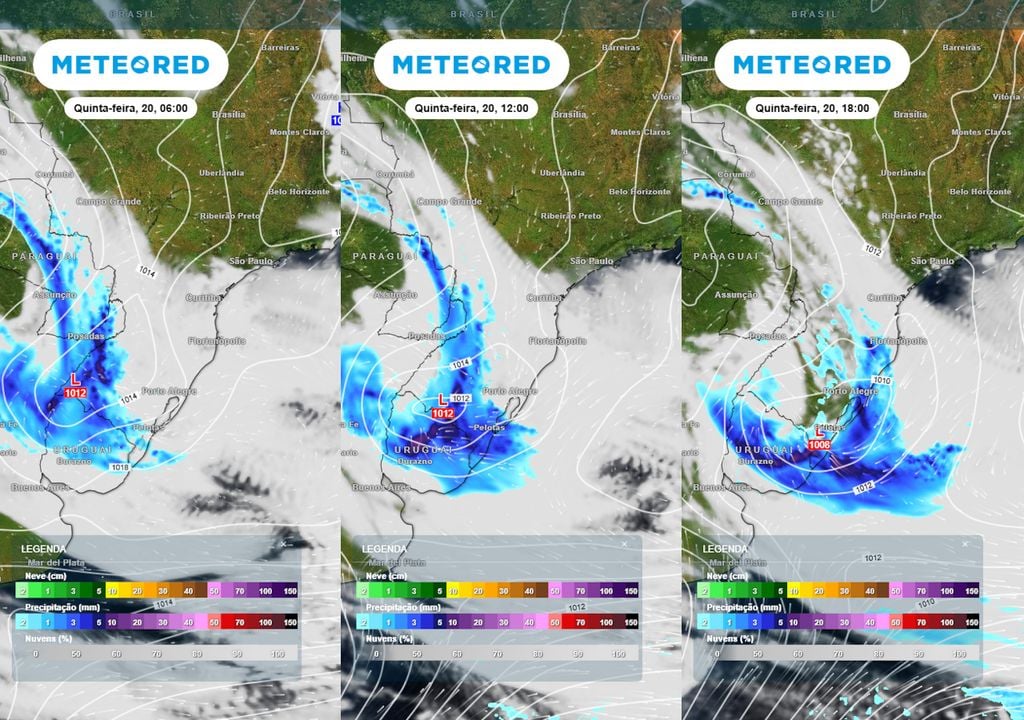 Previsão de pressão, nuvens e chuva ao longo da quinta-feira. Previsão de pressão, nuvens e chuva ao longo da quinta-feira mostra o ciclone extratropical se formando na altura do Rio Grande do Sul e impulsionando pancadas de chuva ao longo do dia.