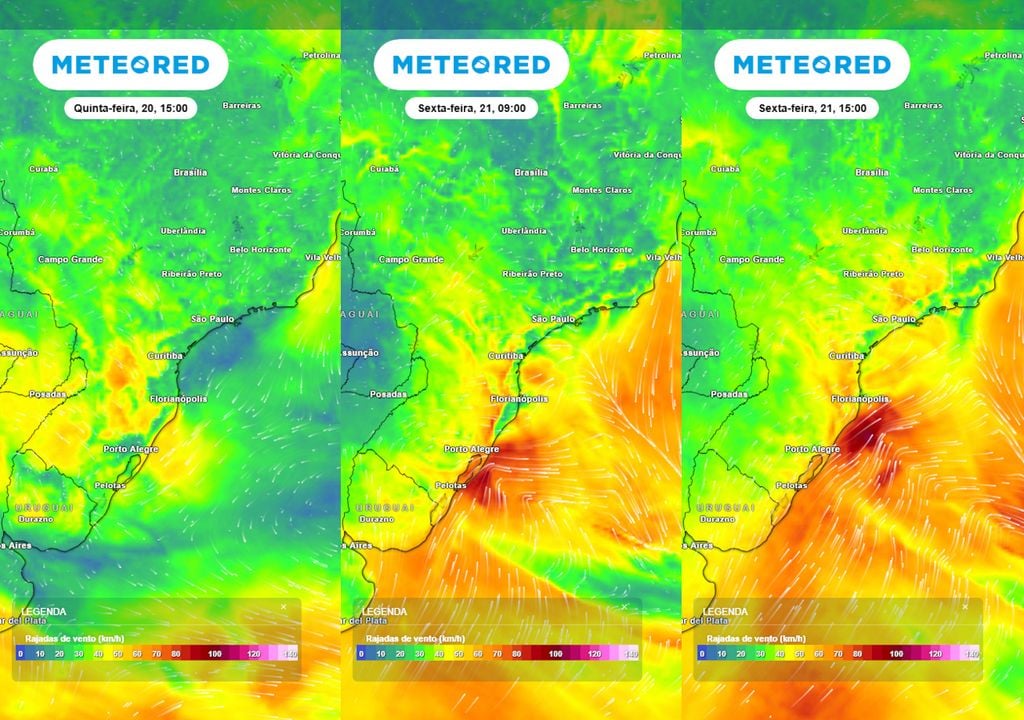 Previsão de velocidades de vento entre a quinta-feira e a sexta-feira. Previsão de velocidades de vento entre a quinta-feira e a sexta-feira mostram rajadas máximas entre 80 e 100 km/h sobre estados como RS, SC, PR, MS, SP e RJ, causando transtornos.