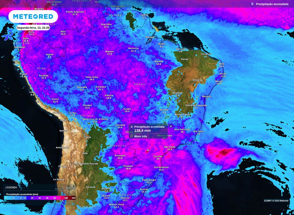 Acumulado de chuva previsto entre sábado (11) e segunda-feira (13).