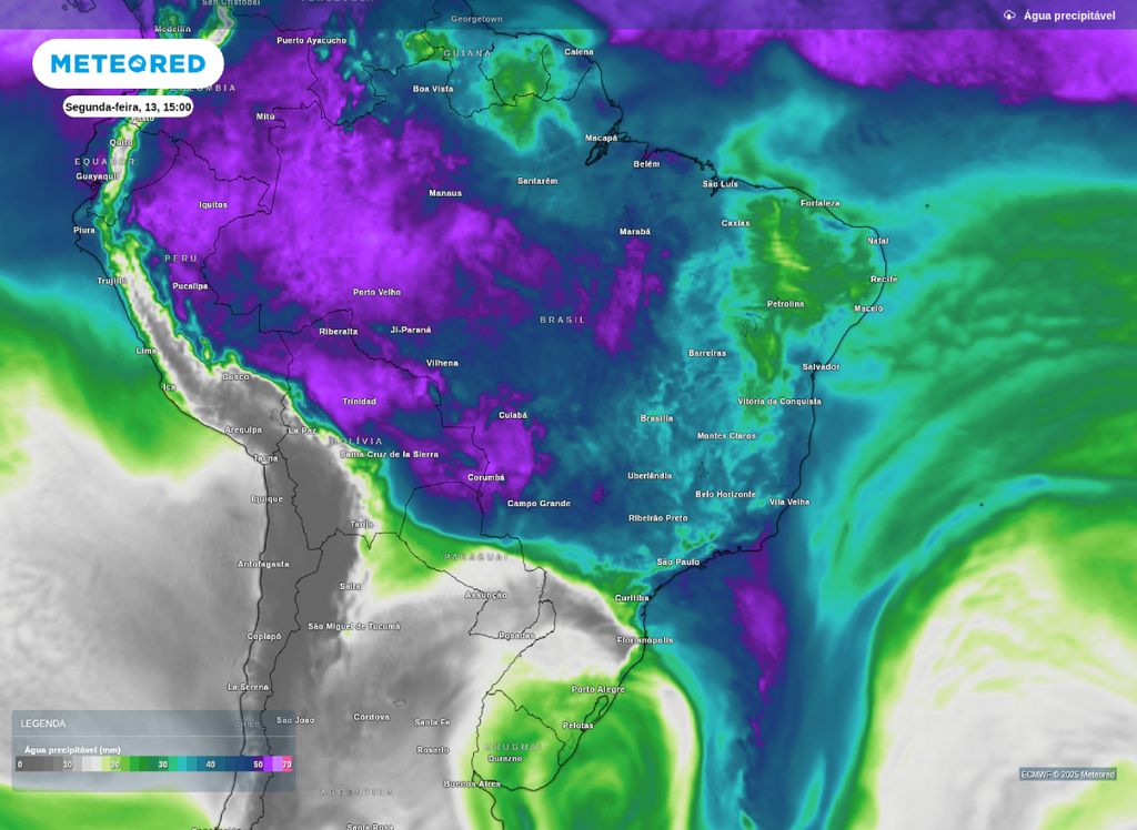 Água precipitável disponível na atmosfera nesta segunda-feira (13).