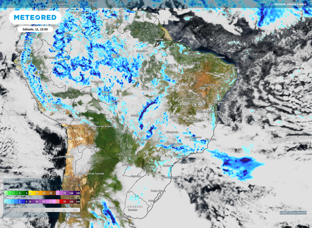 Previsão de nebulosidade e de chuva para a tarde deste sábado (11).
