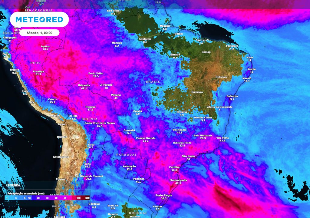 Previsão de acumulados totais de chuva até o final da sexta-feira.