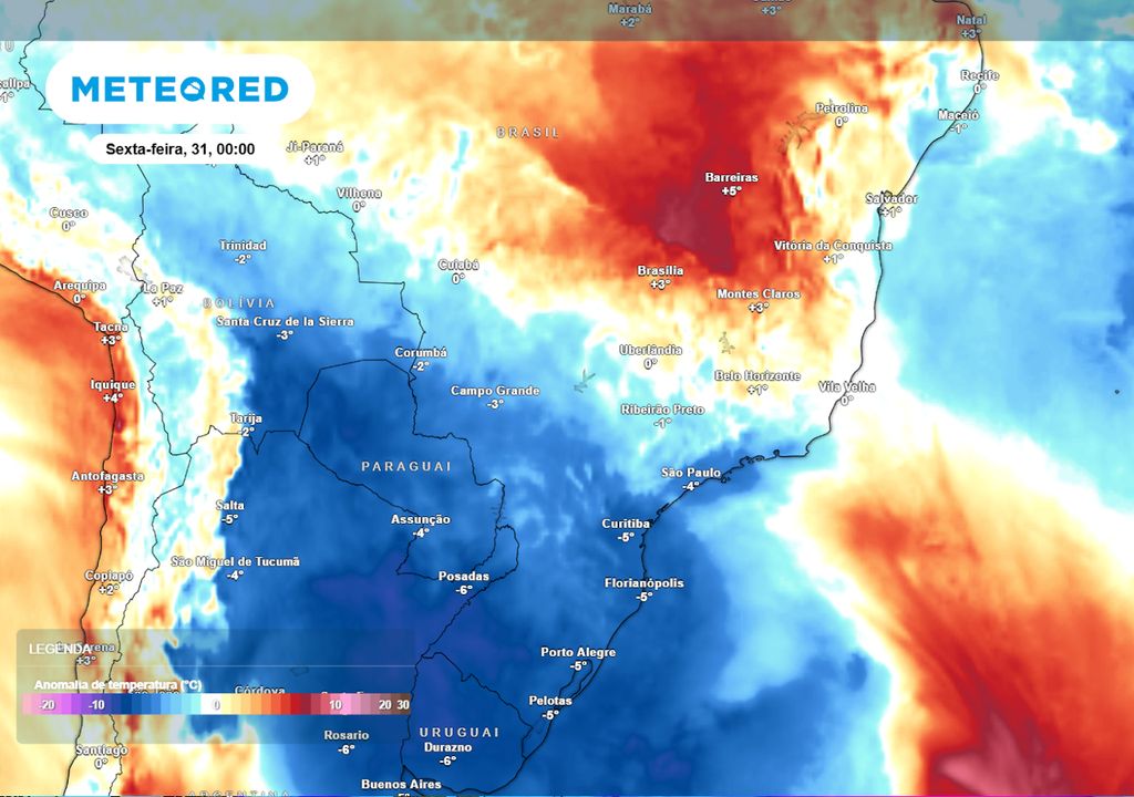 Previsão de anomalias de temperatura em 850 hPa na sexta-feira.