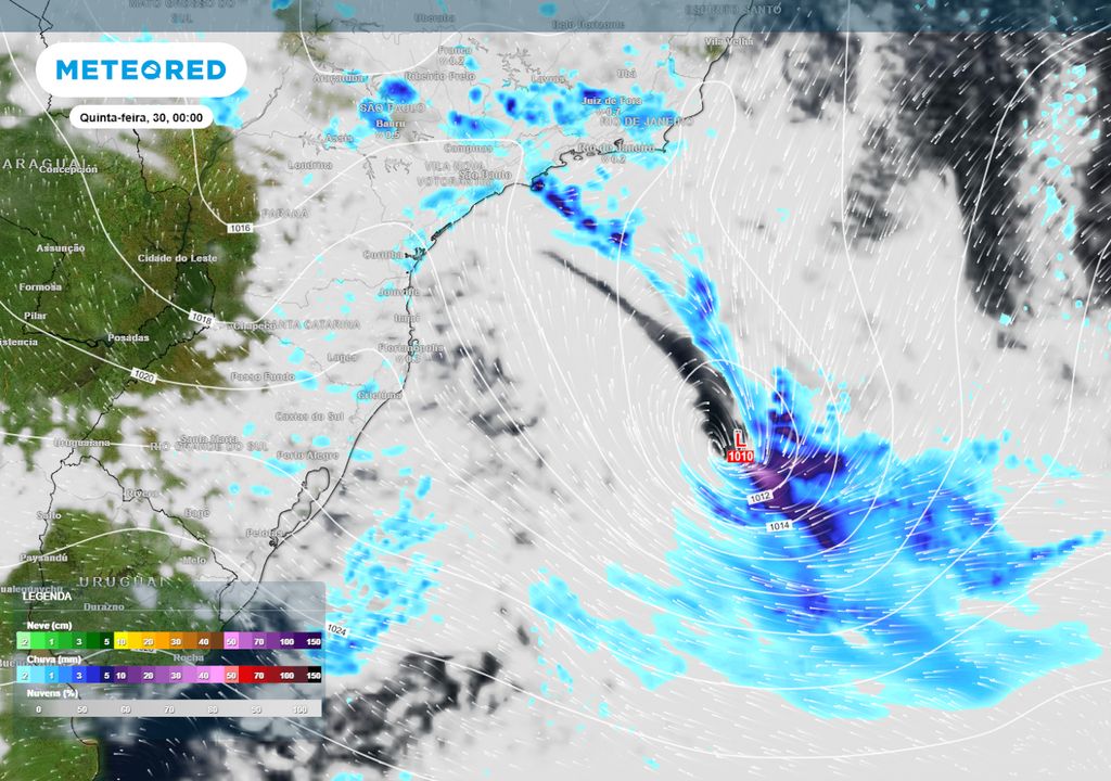 Previsão de nebulosidade, ventos, pressão e chuva no final da quarta-feira.