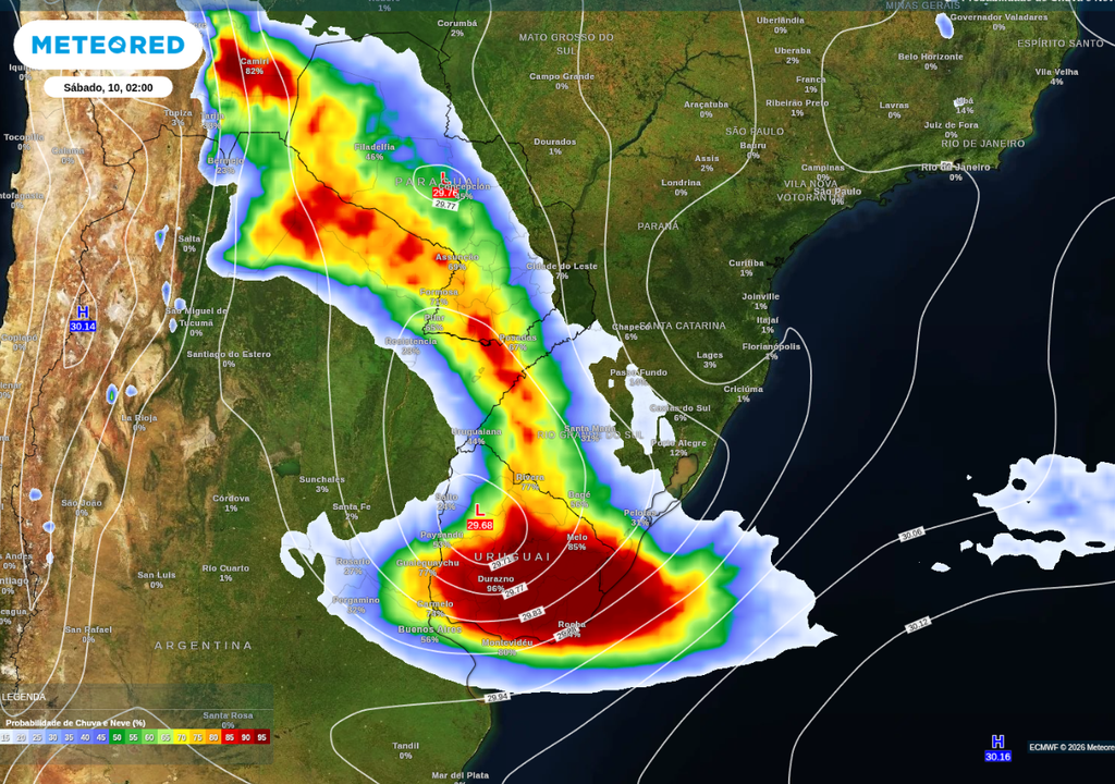 Previsão de ciclone (letra L dentro das linhas de pressão) e probabilidade de chuva (escala de cores) neste sábado (10), de acordo com o ECMWF. Previsão de ciclone (letra L dentro das linhas de pressão) e probabilidade de chuva (escala de cores) neste sábado (10), de acordo com o ECMWF.