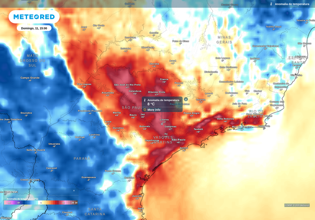 Previsão de anomalia de temperatura máxima neste domingo (11), de acordo com o ECMWF. Previsão de anomalia de temperatura máxima neste domingo (11), de acordo com o ECMWF.