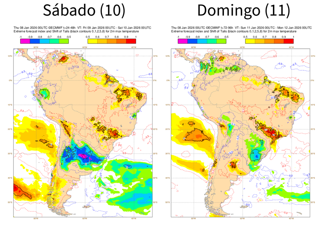 EFI do ECMWF para temperatura máxima sábado (10, esquerda) e domingo (11, direita). Créditos: Adaptado de ECMWF. EFI do ECMWF para temperatura máxima sábado (10, esquerda) e domingo (11, direita). Créditos: Adaptado de ECMWF.