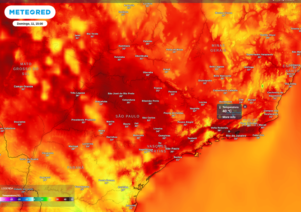 Previsão de temperatura máxima no domingo (11), de acordo com o GFS. Previsão de temperatura máxima no domingo (11), de acordo com o GFS.