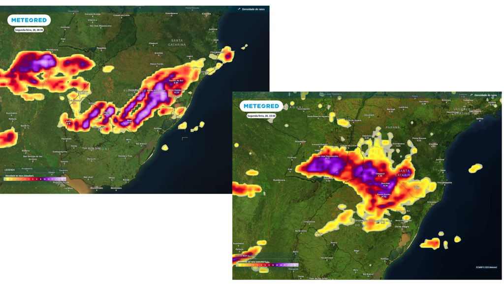 Previsão de tempestades para segunda-feira (28) no período da manhã (esquerda) e tarde (direita), segundo o ECMWF. Previsão de tempestades para segunda-feira (28) no período da manhã (esquerda) e tarde (direita), segundo o ECMWF.