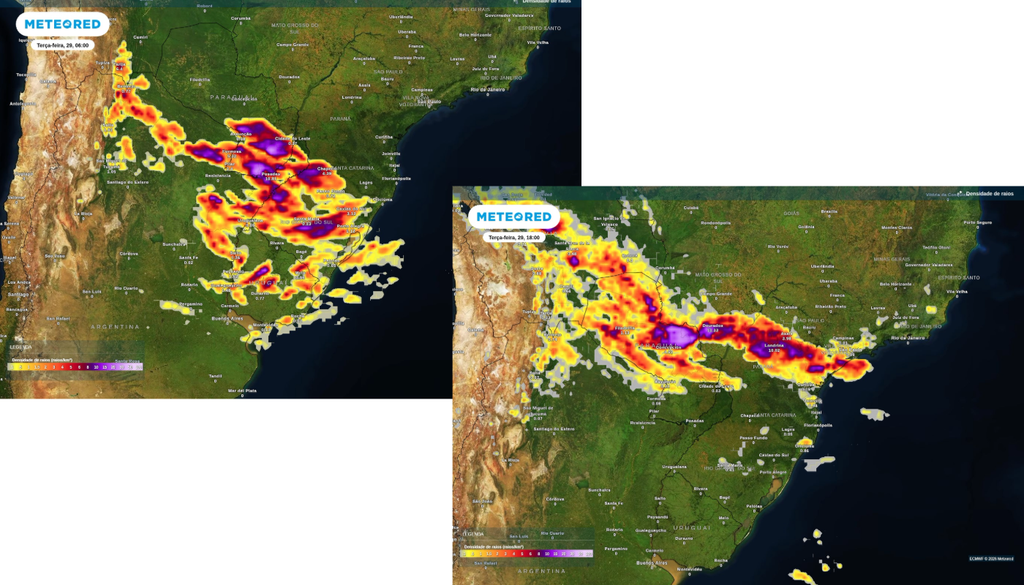 Previsão de tempestades intensas para terça-feira (29) durante a manhã (esquerda) e noite (direita), segundo o ECMWF. Previsão de tempestades intensas para terça-feira (29) durante a manhã (esquerda) e noite (direita), segundo o ECMWF.