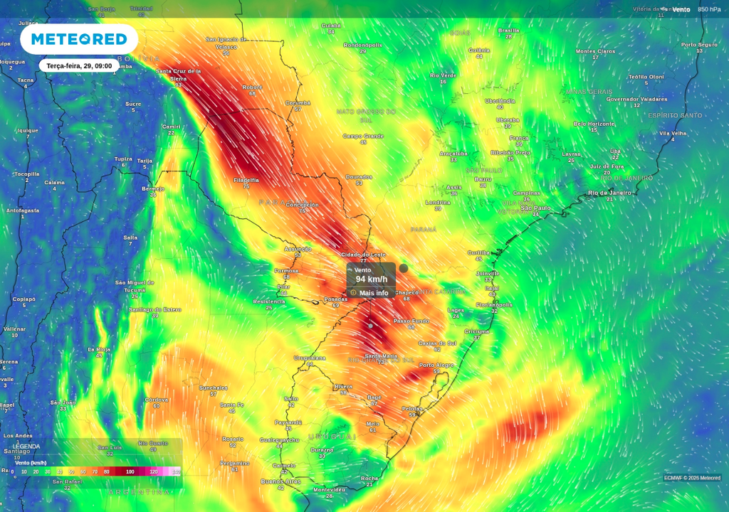 Previsão de jato de baixos níveis nesta terça-feira (29), segundo o ECMWF. Previsão de jato de baixos níveis nesta terça-feira (29), segundo o ECMWF.
