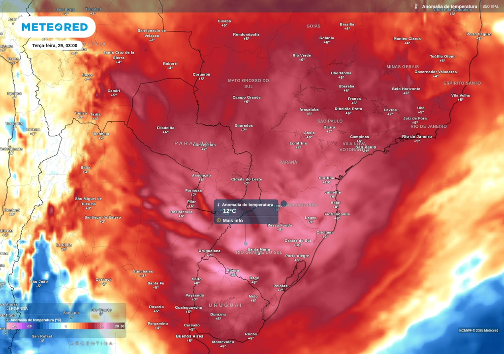 Previsão de anomalia de temperatura para a madrugada de terça-feira (29), segundo o ECMWF. Previsão de anomalia de temperatura para a madrugada de terça-feira (29), segundo o ECMWF.
