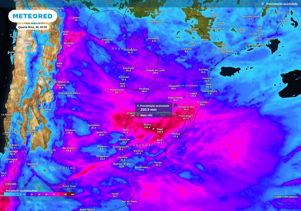 Previsão de chuva acumulada até o final da terça-feira (29), segundo o ECMWF. Previsão de chuva acumulada até o final da terça-feira (29), segundo o ECMWF.