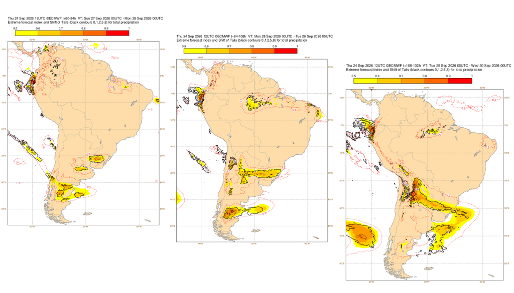EFI do ECMWF para precipitação neste domingo (27, esquerda), segunda (28, centro) e terça-feira (29, direita). Créditos: Meteored/ECMWF. EFI do ECMWF para precipitação neste domingo (27, esquerda), segunda (28, centro) e terça-feira (29, direita). Créditos: Meteored/ECMWF.