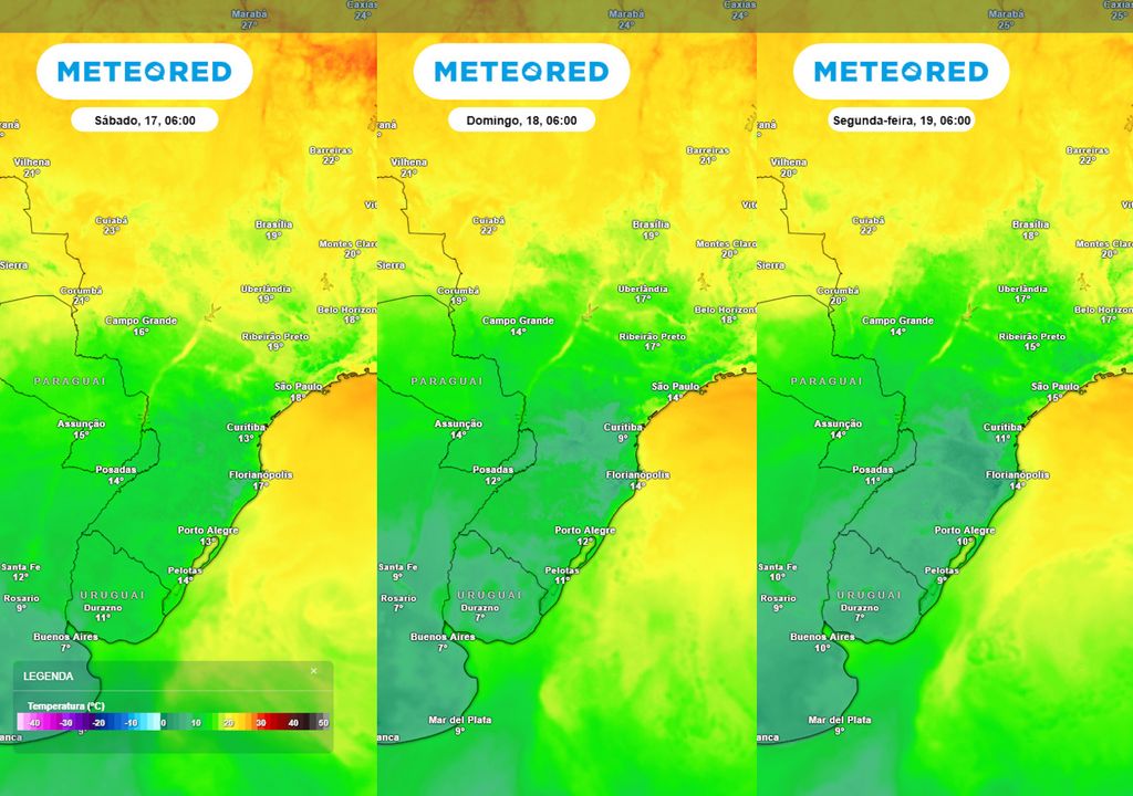 Previsão de temperaturas mínimas no Sábado, Domingo e Segunda-feira Previsão de temperaturas mínimas no Sábado, Domingo e Segunda-feira mostra como as temperaturas vão cair de maneira consistente ao longo do final de semana, chegando perto dos 0°C.