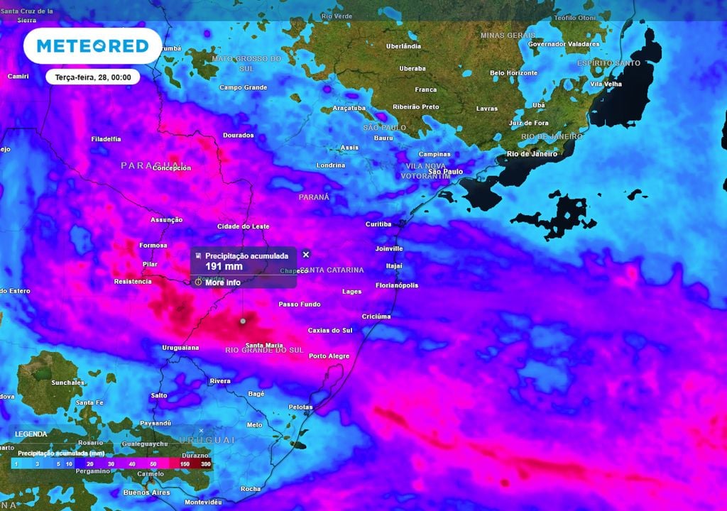 Previsão de acumulados totais de chuva até o final da segunda-feira mostra que alguns municípios do RS podem registrar volumes próximos dos 200 mm totais, causando transtornos.