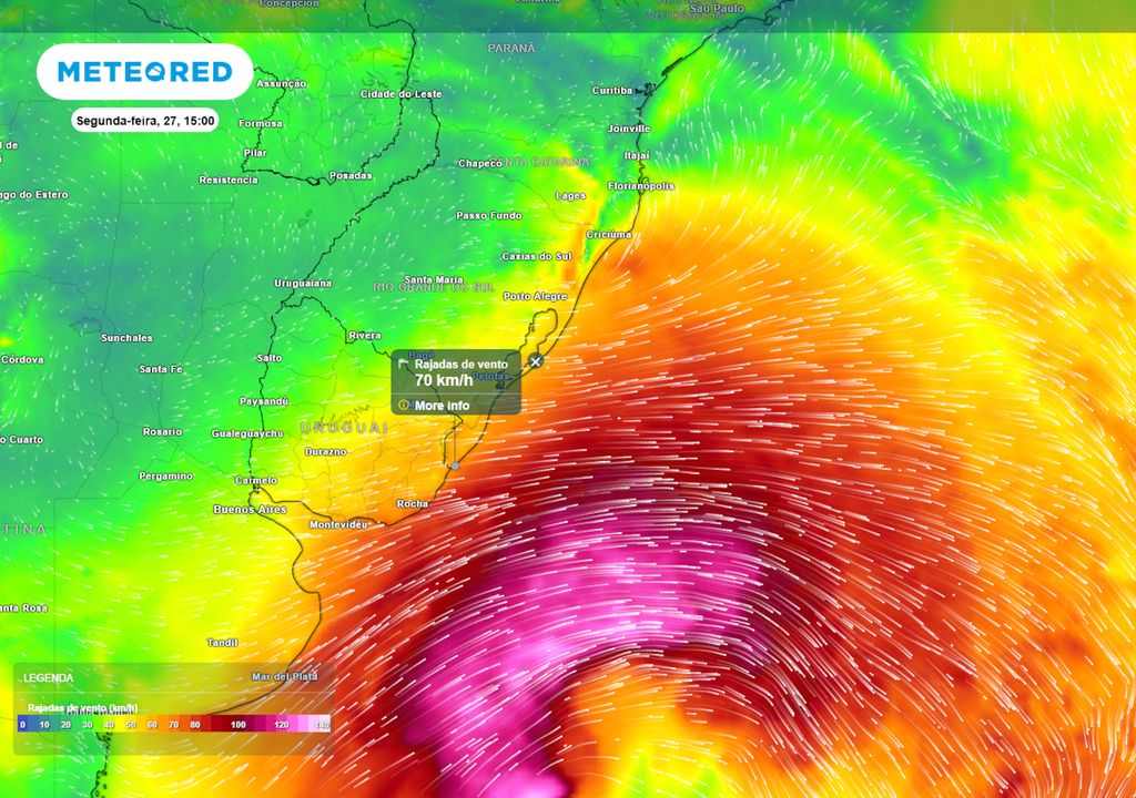 Previsão de rajadas de vento na segunda-feira durante a tarde mostra que as velocidades podem chegar a até 70 km/h na costa do Rio Grande do Sul, com ventos significativos no interior.