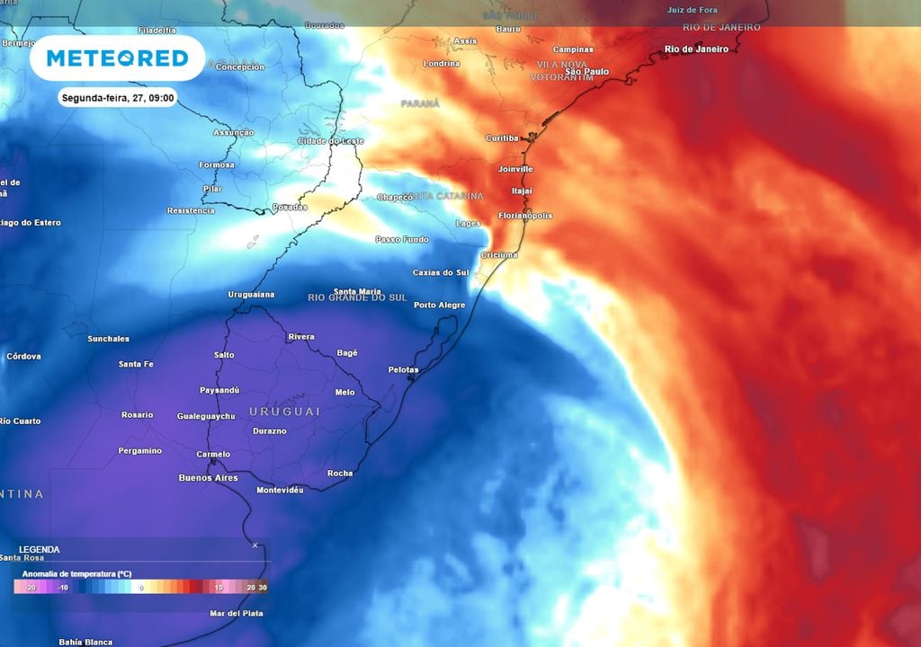 Previsão de anomalias de temperatura em 850 hPa na segunda-feira durante a manhã mostra a massa de ar frio avançando pela região Sul. O sistema fará as temperaturas caírem bastante.