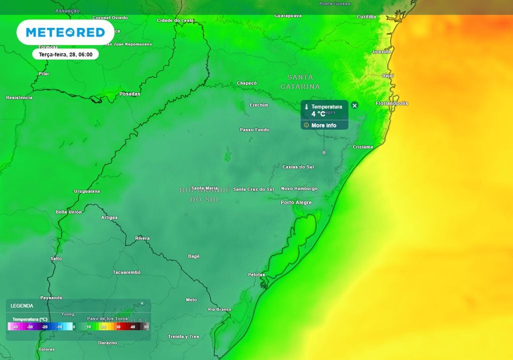Previsão de temperaturas mínimas no Rio Grande do Sul e Santa Catarina na terça-feira durante a madrugada mostra que os termômetros chegam a até 4°C, formando geadas abrangentes.