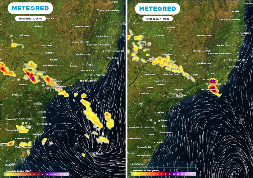 Previsão da densidade de raios para a terça-feira (1º de setembro) às 8h à esquerda e às 18h à direita, segundo o modelo europeu ECMWF.