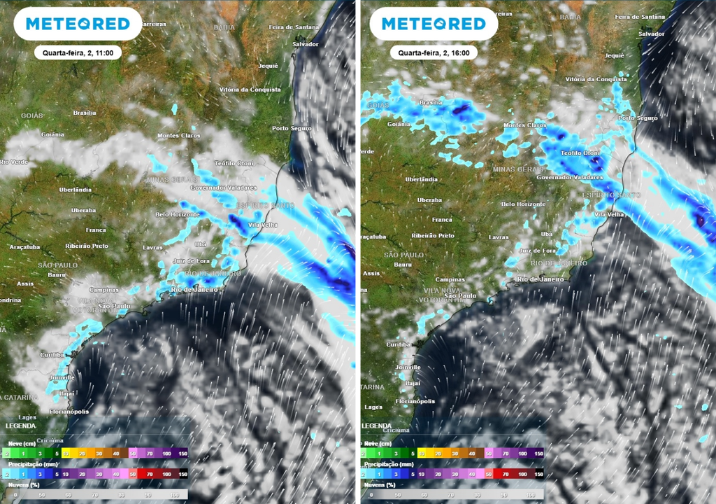 Previsão de precipitação (em mm) e nebulosidade para quarta-feira (2) às 11h à esquerda e às 16h à direita, segundo o modelo europeu ECMWF.