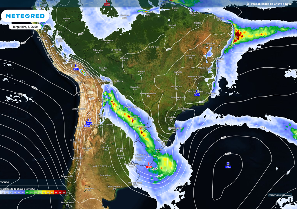 Previsão de formação de ciclone extratropical com tempestades severas - com risco de tornado - chuvas intensas e a chegada do frio.