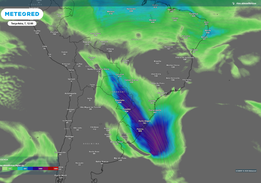 Previsão de rio atmosférico nesta terça-feira (7), de acordo com o ECMWF.