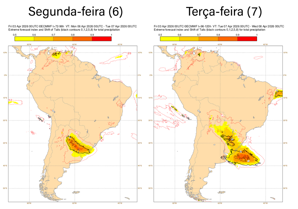 EFI do ECMWF para precipitação segunda (6) e terça-feira (7). Créditos: Organizado por Meteored/Adaptado de ECMWF.