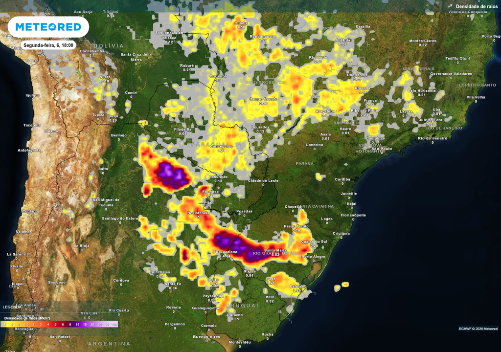 Previsão de tempestades nesta segunda-feira (6), de acordo com o ECMWF.