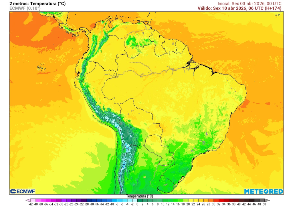 Previsão de temperatura na madrugada da sexta-feira (10), de acordo com o ECMWF.