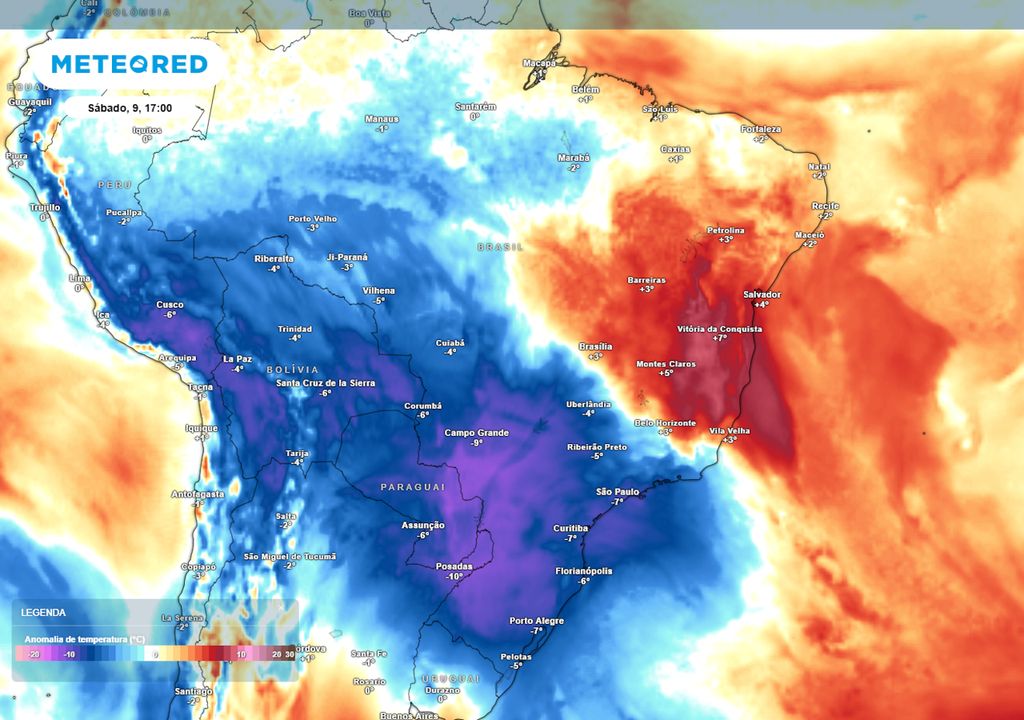 Previsão de anomalia de temperatura em 850 hPa no sábado durante a tarde.