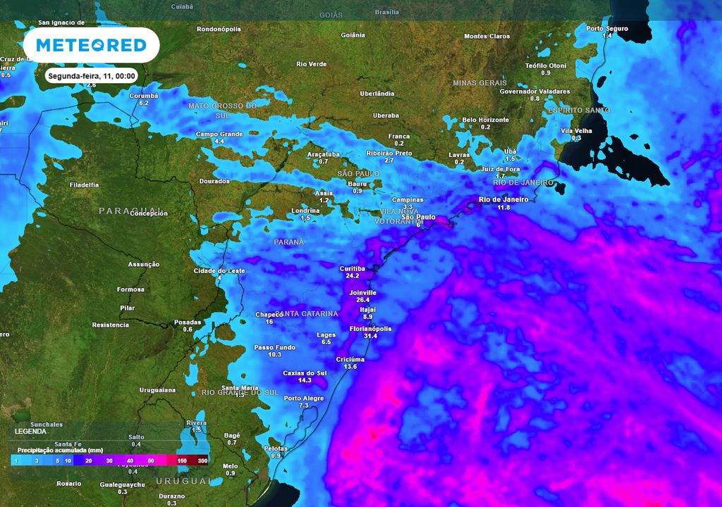Previsão de acumulados totais de chuva até segunda-feira.