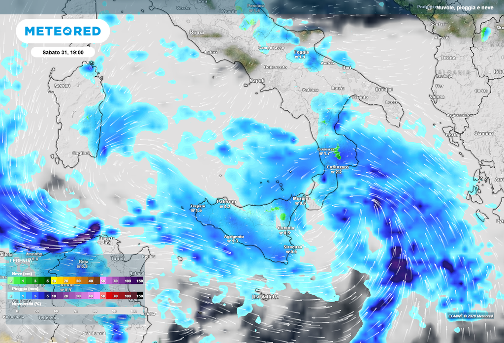 Ciclone in azione tra Sabato e Domenica al Sud Il rapido movimento del ciclone mediterraneo
