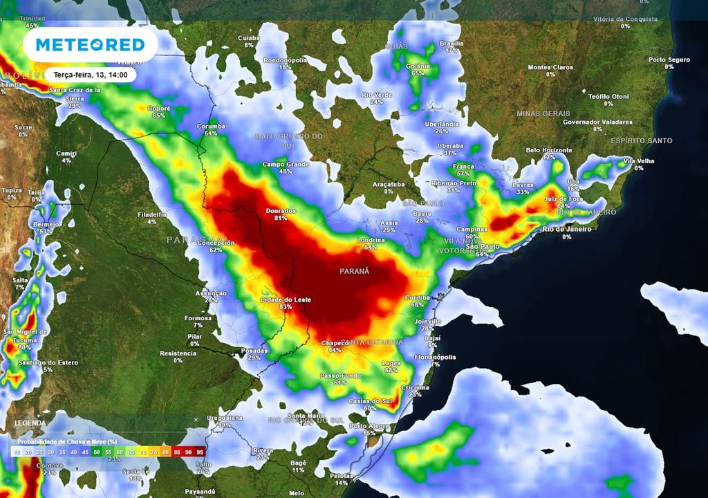 Previsão de probabilidade de chuvas na terça-feira durante a tarde. Previsão de probabilidade de chuvas na terça-feira durante a tarde ilustra quais regiões serão mais impactadas pelas tempestades. Há risco de transtornos no Sul, Sudeste e Centro-Oeste.