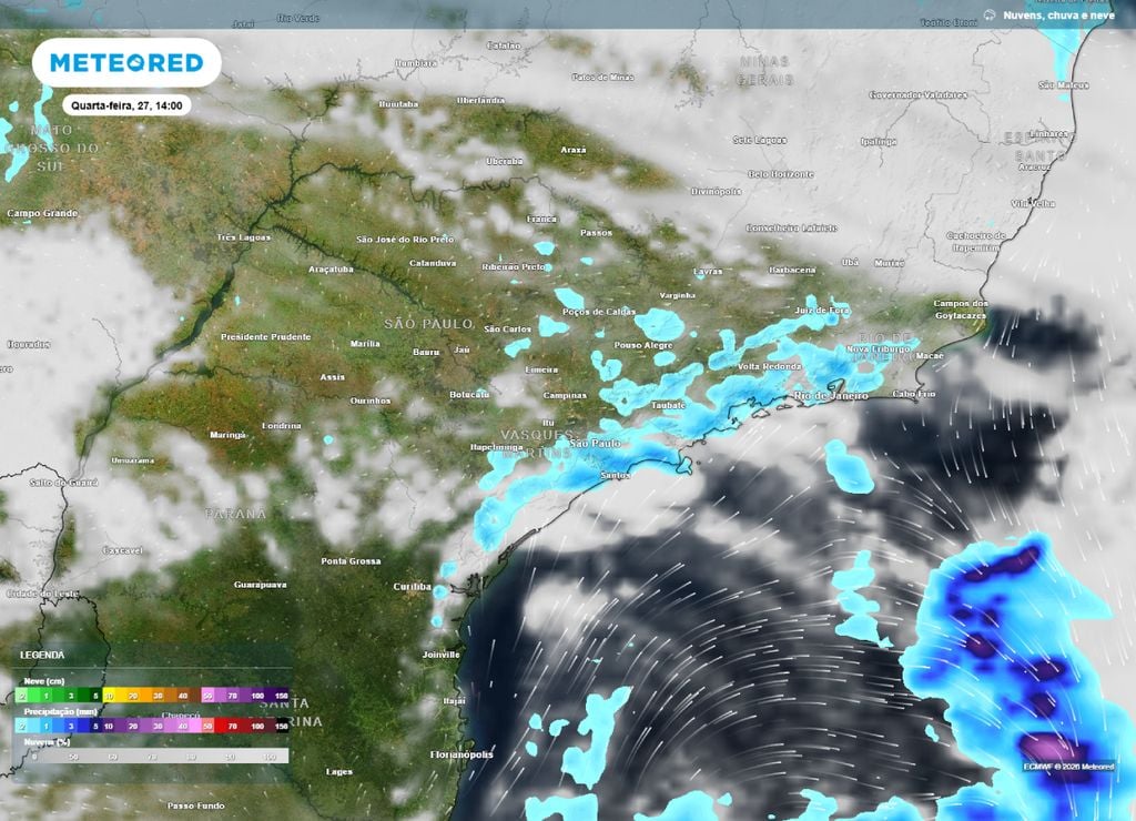 Previsão de precipitação (em mm) e nebulosidade para quarta-feira (27) à tarde (14h), segundo o modelo europeu ECMWF.