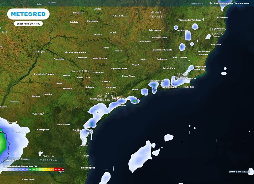 Previsão da probabilidade de precipitação (%) para sexta-feira (29) à tarde (13h), segundo o modelo europeu ECMWF, mostrando o baixo potencial para chuvas na faixa leste de SP e no RJ.