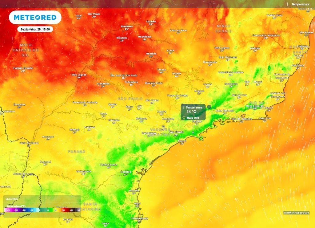 Previsão da temperatura máxima do ar (em °C) para a sexta-feira (29), segundo o modelo europeu ECMWF.
