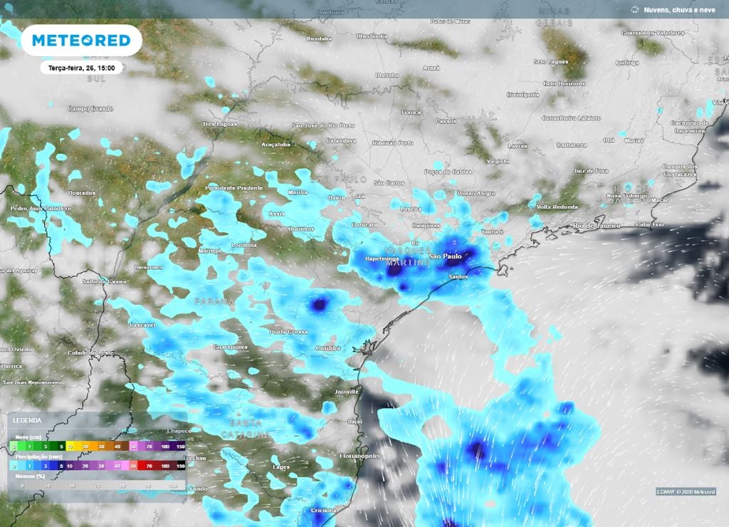 Previsão de precipitação (em mm) e nebulosidade para terça-feira (26) à tarde (15h), segundo o modelo europeu ECMWF.