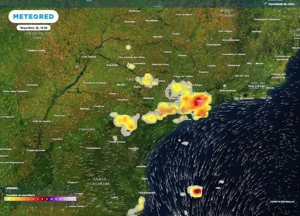 Previsão de densidade de raios para terça-feira (26) à tarde (16h), segundo o modelo europeu ECMWF.