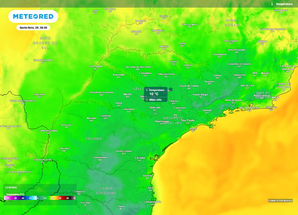 Previsão da temperatura mínima do ar (em °C) para sexta-feira (29), segundo o modelo europeu ECMWF.