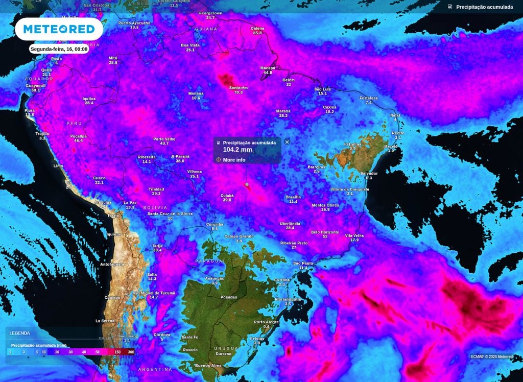 Precipitação acumulada prevista entre sábado (14) e domingo (15).
