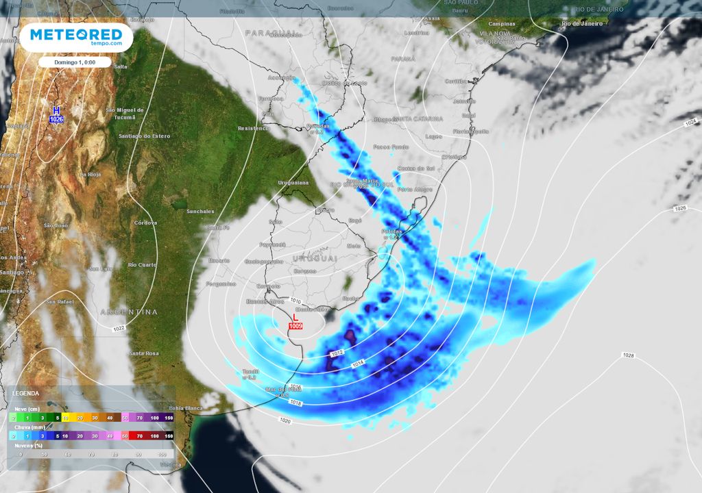 Previsão de pressão atmosférica e chuva no domingo.