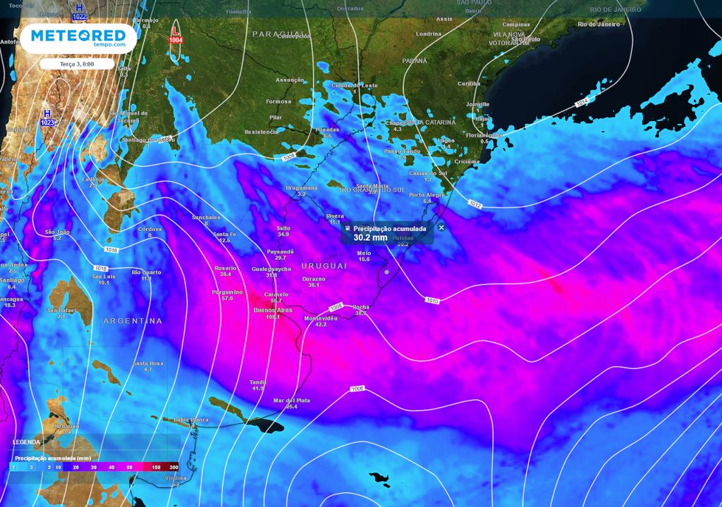 Previsão de acumulados totais de chuva no final da segunda-feira.