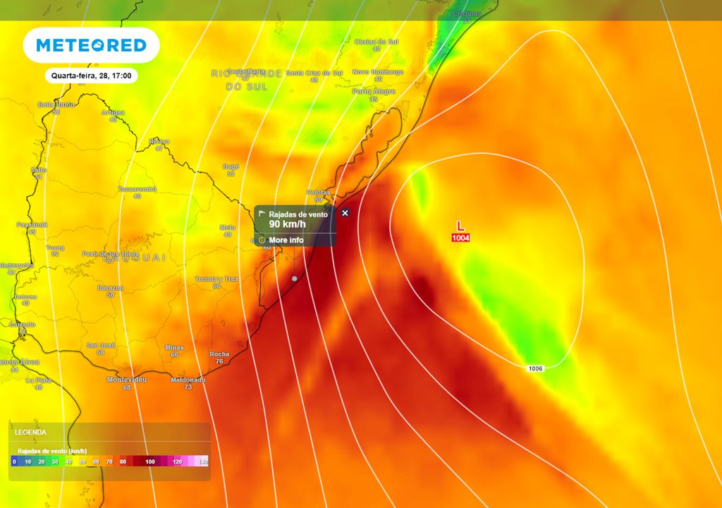 Previsão de ventos e pressão atmosférica na quarta-feira durante a tarde. Previsão de ventos e pressão atmosférica na quarta-feira durante a tarde.