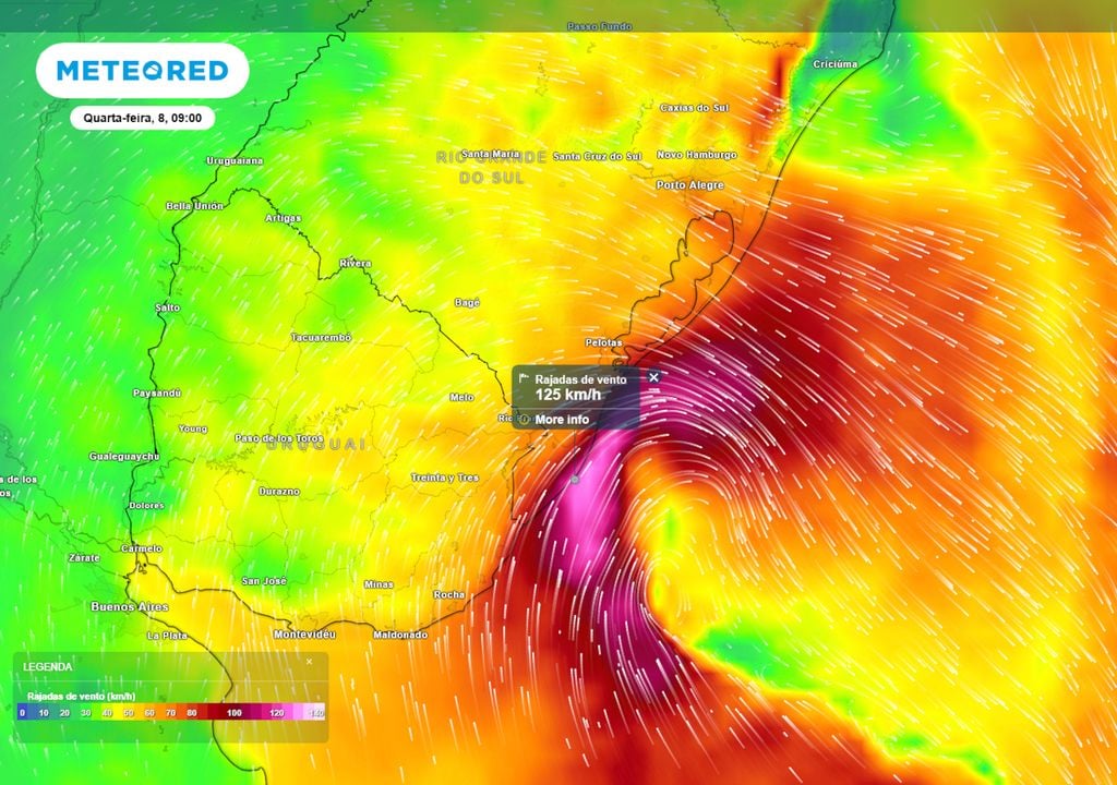 Previsão de rajadas de vento na quarta-feira de manhã mostra que os ventos nas regiões litorâneas do Rio Grande do Sul podem chegar a até 125 km/h, causando transtornos no litoral.