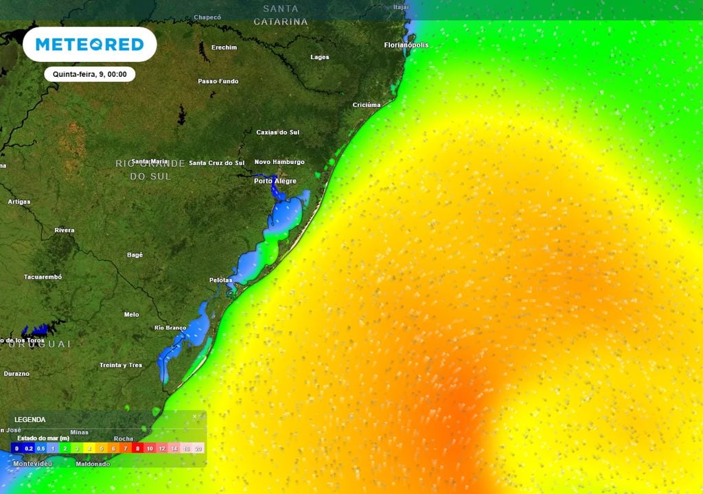 Mapa de estado do mar no início da quinta-feira mostra condições de mar grosso a muito grosso na região ao leste do Rio Grande do Sul e de Santa Catarina, motivando alertas da Marinha.