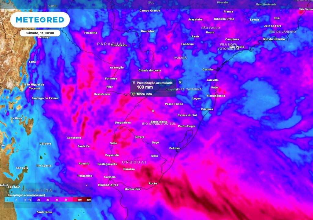 Mapa de acumulados totais de chuva até o final da sexta-feira mostra que os volumes de chuva podem chegar a 100 mm em diversos pontos do RS, SC e oeste do PR ao longo da semana.